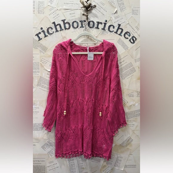 Free People Long Beach Crochet Hoodie Tasseled Scalloped Pink Rose - Picture 2 of 5